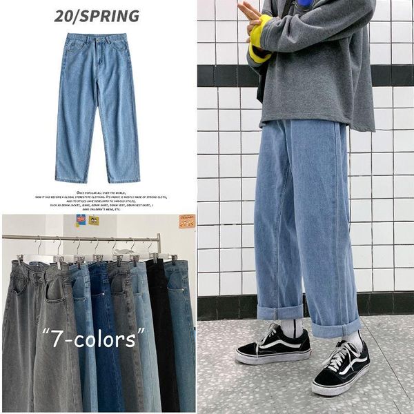 

men's jeans 2021 baggy homme cargo pocket fashion straight pants loose solid color casual biker denim trousers -3xl, Blue