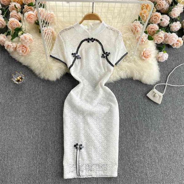 

women improved cheongsam fashion stand collar slim split elegant lace package hip dress summer vestidos s353 210527, Black;gray