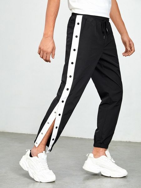 

men side striped button detail drawstring waist pants k5m3#, Black