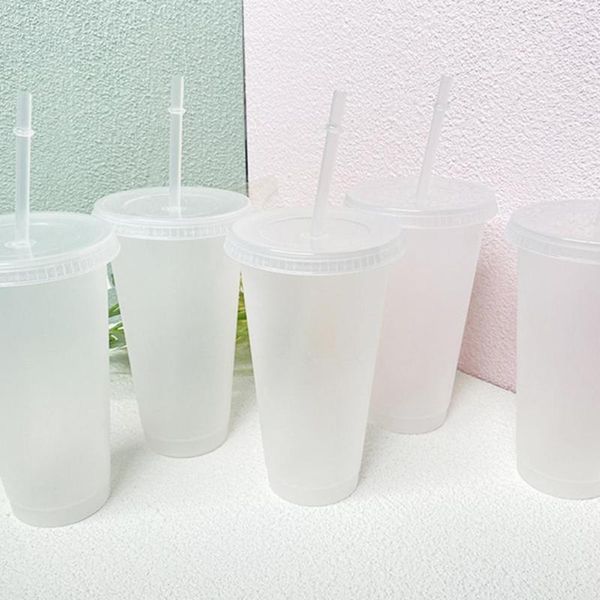 

disposable cups & straws 5pcs 500ml/700ml straw cup with lid coffee reusable plastic tumbler matte finish juice mugs drinkware for home