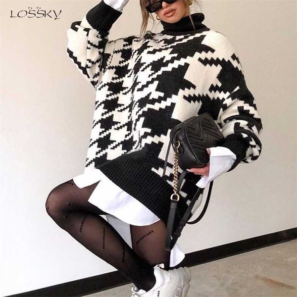 Uzun Kazak Elbise Sonbahar Kış Moda Houndsthooth Siyah Balıkçı Yaka Kol Knit Kazak Kadınlar için Giysileri Tops 211018