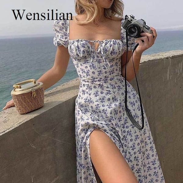 

floral women dress puff short sleeve maxi dress high split party long dresses elegant lace up sweet summer sundress robe femme x0521, Black;gray