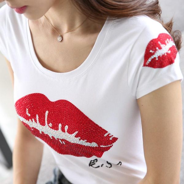 

women's t-shirt women t shirts 2021 summer fashion diamond print flower 100% cotton vogue short sleeve tshirt famale shirt girl clo, White
