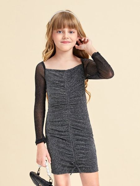 

girls mesh panel knot hem ruched glitter dress she, Red;yellow