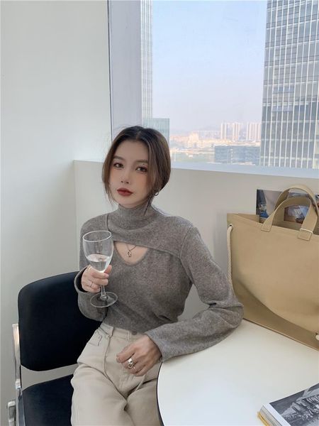 

european and american high neck bottoming shirt hollow tight t-shirt women's spring long-sleeved woman tshirts, White