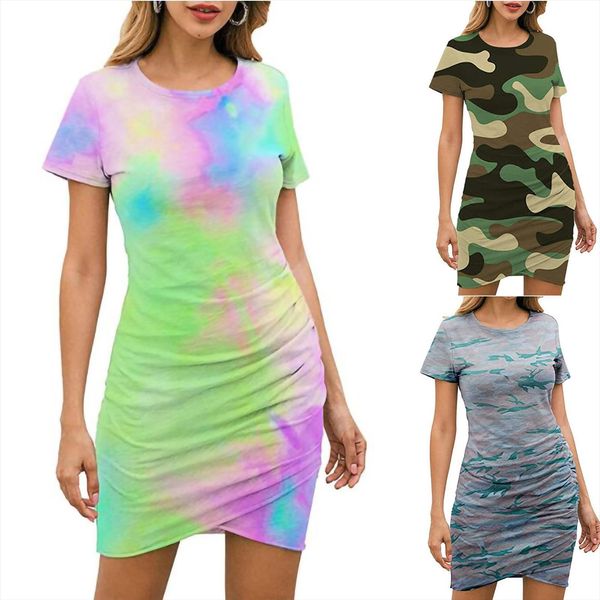 

summer short sleeve printing womens dresses fashion elastic loose comfy swing daily, Black;gray