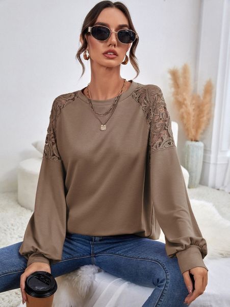 

lace insert raglan sleeve pullover c6ij#, White;black