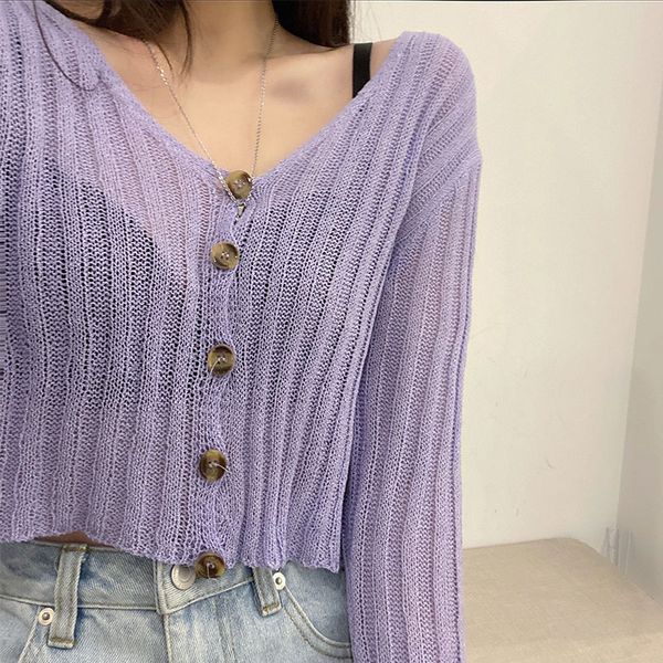 

4 colors 2021 summer solid color v neck thin short design knitted sweater cardigan womens basic long sleeve womens (x1469), White;black