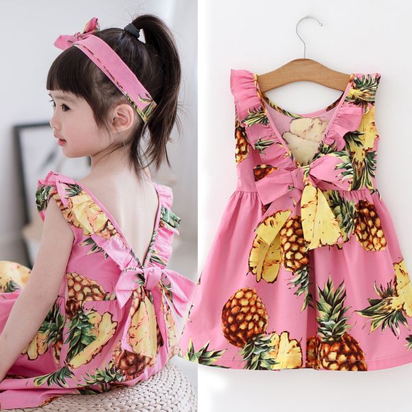 

2017 summer kids dresses for girls pink pineapple print girl dress ruffles back v children dress sleeveless girls clothes, Red;yellow