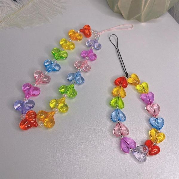 

beaded, strands acrylic resin color peach heart love random mixed mobile phone lanyard beach creative personality chain, Black