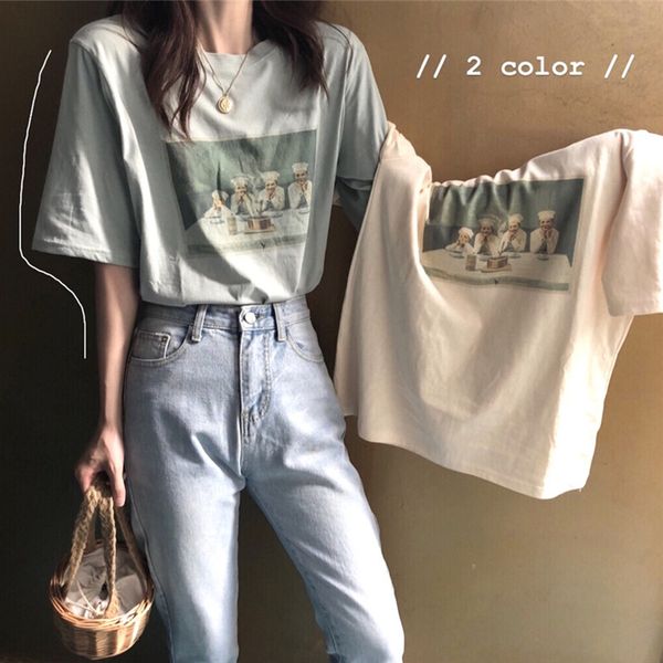 

2 colors 2021 summer vintage ins style cartoon print short sleeve t shirts womens tops tee shirt femme (B8879), White