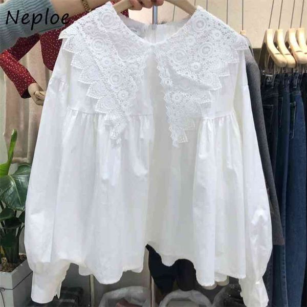 

korean elegant lace patchwork blouse women peter pan collar pullover long sleeve cute blusas solid color spring shirt 210422, White