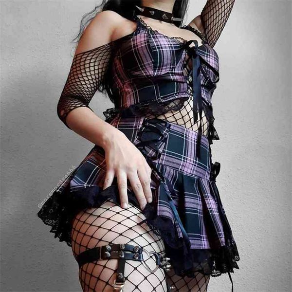 Y2K Frauen Streifen Schwarz Rosa Faltenröcke Tank Weste Süße süße Mädchen Schulrock Plaid Lace Up Mini Goth Handschuhe 210619