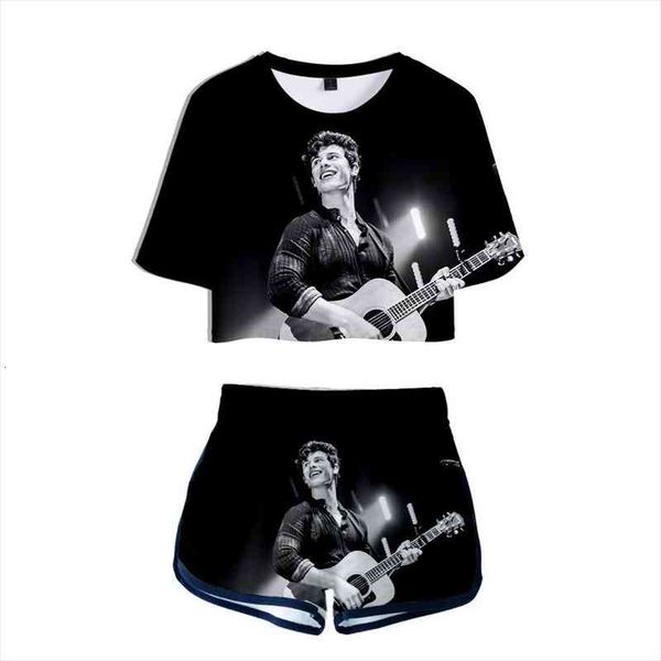 

shawn mendes album if i cant have you 3d two pieces sets women fashion girl casual t-shirt shorts clothes, Gray