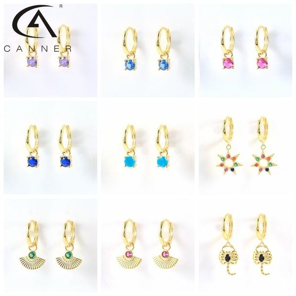 

hoop & huggie canner 925 sterling silver fan-shaped women's earrings colorful circle zircon ear pendant jewelry, Golden;silver