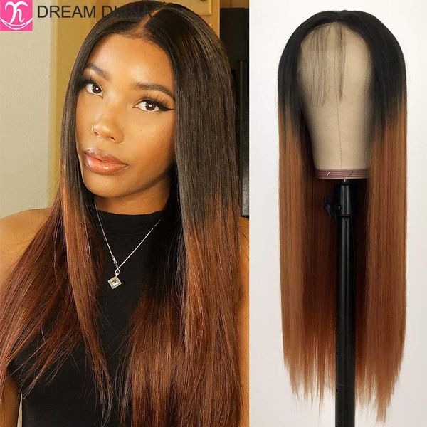 

dreamdiana ombre brazilian bone straight lace wigs remy hair t part 4x4 closure 100% human, Black;brown