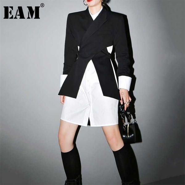 

[eam] women black cross split joint blazer lapel long sleeve loose fit jacket fashion spring autumn 1t447 211028, White;black