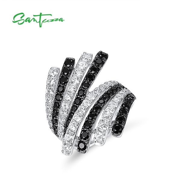 

santuzza silver rings for women pure 925 sterling sparkling black spinel white cz feather ring glamorous fine jewelry 211217, Slivery;golden