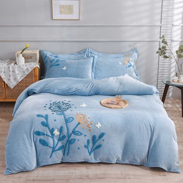 

solid color milk veet embroidered four piece set thickened warm quilt cover bed sheet live broadcast in winter