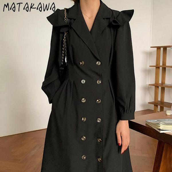 

french lapel femme robe double breasted ruffled stitching long dress pleated waist windbreaker dresses women casual, Black;gray