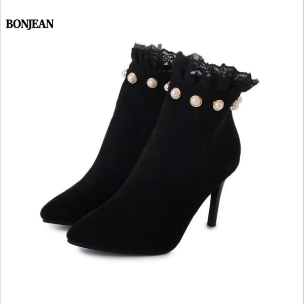 

boots bonjean women's british style slender heel high-heeled pearl lace spring and autumn, Black