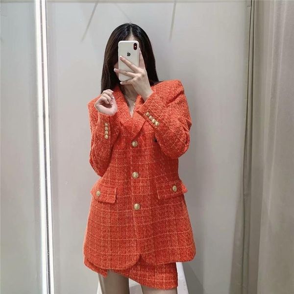 

two piece dress women suits with skirt 2021 fashion tweed office single-breasted blazer coat red 2 set high waist mini skirts, White