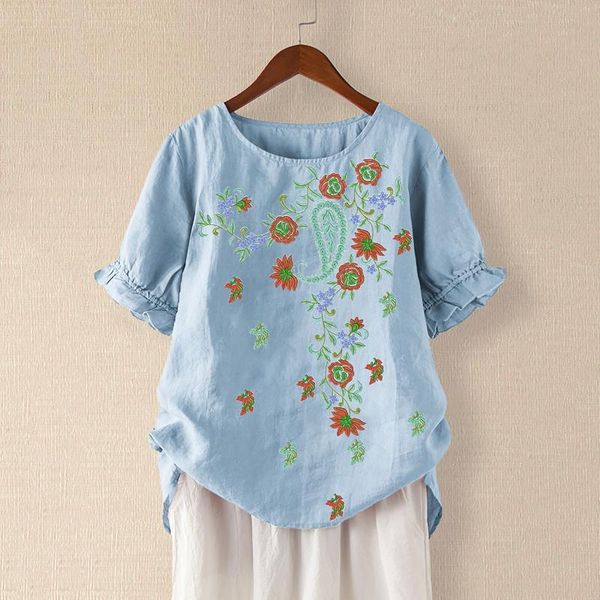 

women's blouses & shirts women blouse casual plus size o-neck floral printed ruffles short sleeve loose button tunic shirt summer blus, White
