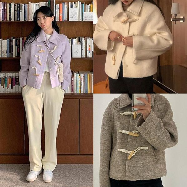 

women's jackets early autumn korean chic fresh department of small versatile horn buckle woolen coat short female, Black;brown