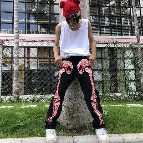 

men's jeans hiphop fried street bone printing fashion brand high straight loose, Blue