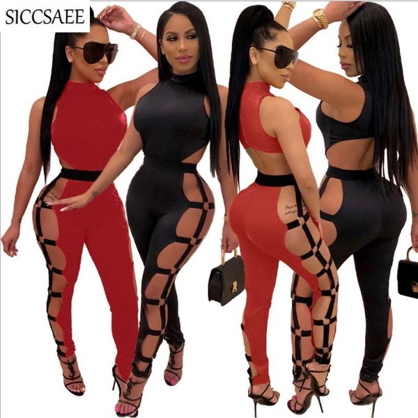 

women's jumpsuits & rompers open back zip bandage for women 2021 stripper ribbons lace up cut out club wear night bodycon bodysuit turt, Black;white