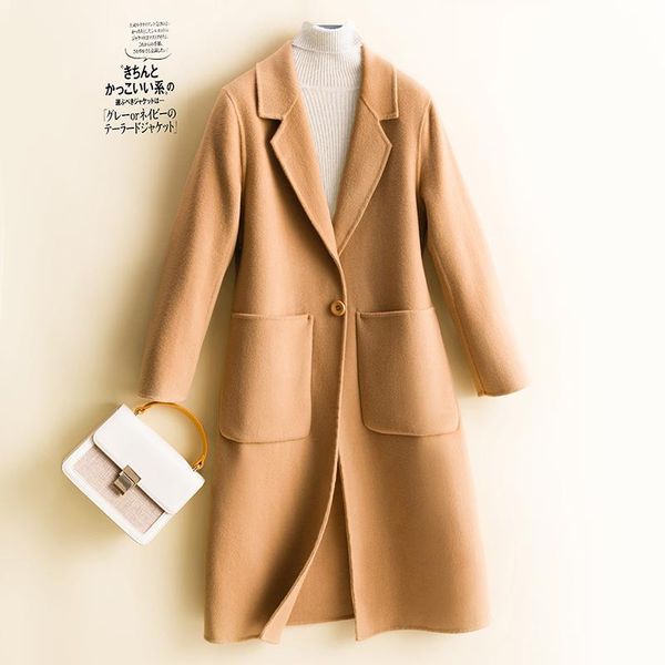 

women's wool & blends 100% coat for women cashmere blend long trench 2 sides woolen outwear jacket autumn winter, Black