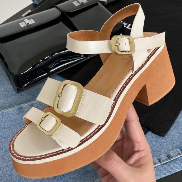 

sandals women's genuine leather chunky heel platform high doublem etal buckle open toe summer female comfort casual shoes, Black