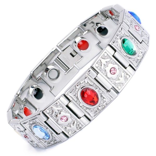 Collegamento, catena Bracciale in acciaio inossidabile 316L Uomo Assistenza sanitaria Power Therapy 4 in 1 Braccialetti con pietre magnetiche per le donne Accessori per gioielli CZ lucidi