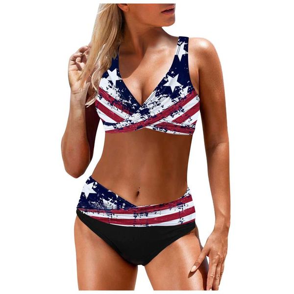 

american flag printed bikini set 2 pieces separate swimsuit gathered halter push up women's strings thongs tangas mujer swimwear, White;black