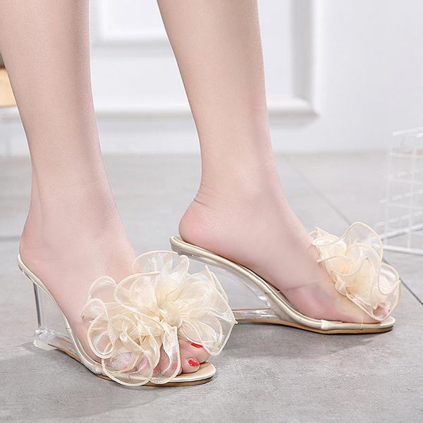 

women crystal transparent high heels shoes big flower peep toe party 34-41 summer bowknot wedges sandals, Black