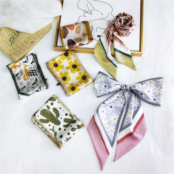 

scarves 2021 women's elegant floral print long small skinny neck scarf female silk stain headband hair scarfs bandana for ladies bag, Blue;gray