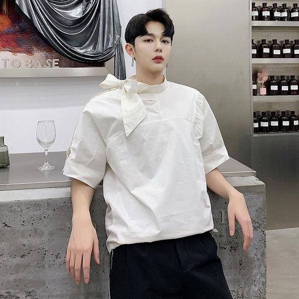 

m-xlsummer tide models alternative strap v-neck seven-point sleeve shirt brand men's ins striped loose thin shirt. t-shirts, White;black