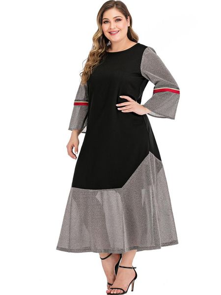 

plus size dresses formal 2021 round neck autumn long sleeve stitching casual home elegant calf length slim skirt party loose, Black