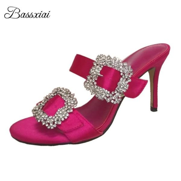 

sandals luxury satin open toe for girls women slingbacks 10cm stiletto heel crystal rhinestone buckle summer mules, Black