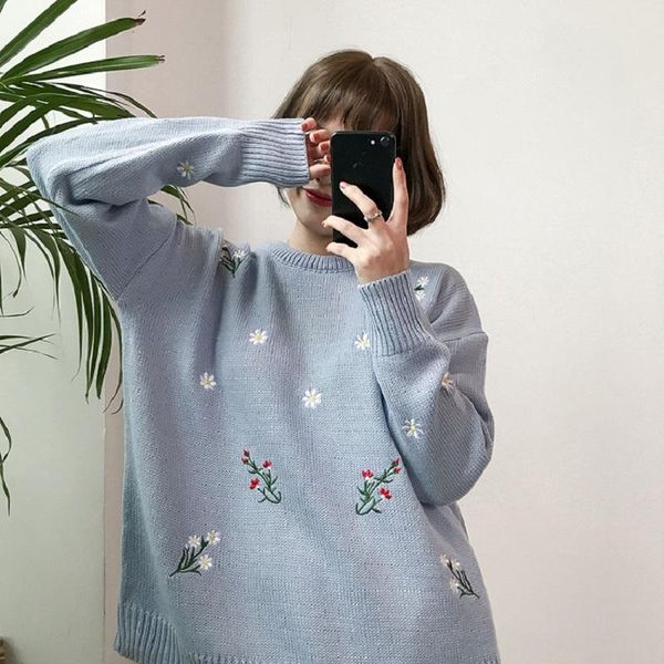 

women's sweaters winter embroidered sweater casual fashion large size loose korean sweet chic knitted o-neck flower, White;black