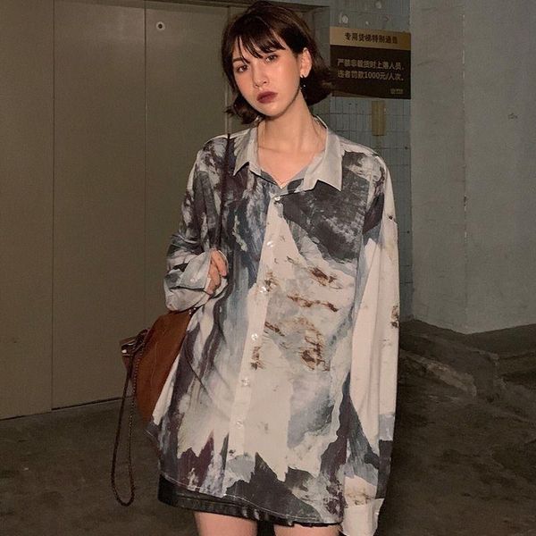 

fashion men and women vintage woven oversize casual blouse long sleeves watercolor splash ink print individuality shirt women's blous, White