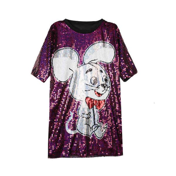 

tee chic europe women cute animal cartoon sequins t-shirt ladies summer autumn long purple bling, White