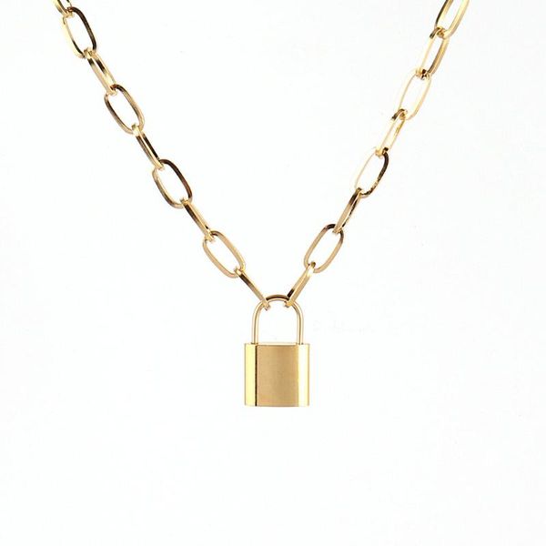 

chains stainless steel necklace for women gold thick chain choker necklaces punk lock geometric jewelry, Silver