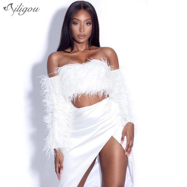 

two piece dress ailigou 2021 autumn fashion bandage 2-piece suit white strapless long-sleeved feather mid-length hip skirt feminine party se