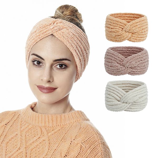 Lã malha faixa de cabelo acessório torção elástico faixa de cabelo headbands softs chenille headband aquecedor orelha crochet headband