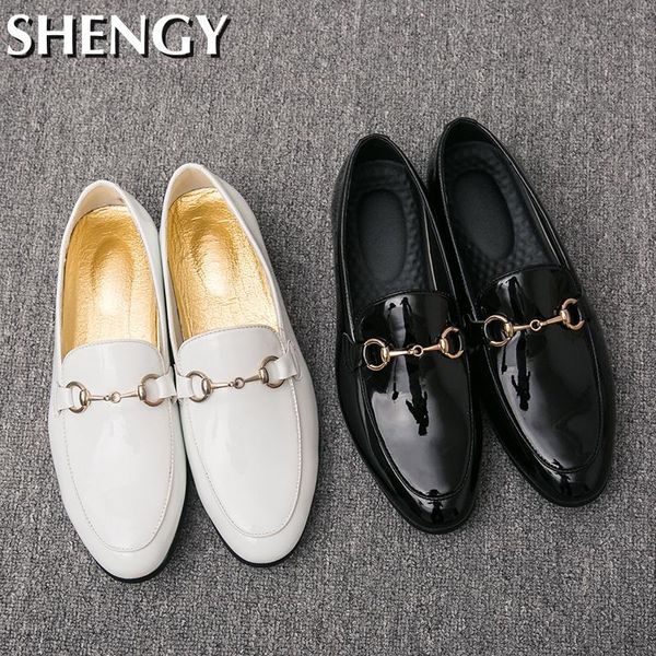

dress shoes fashion men's loafers patent leather buckle design formal wedding breathable slip on man oxfords office, Black