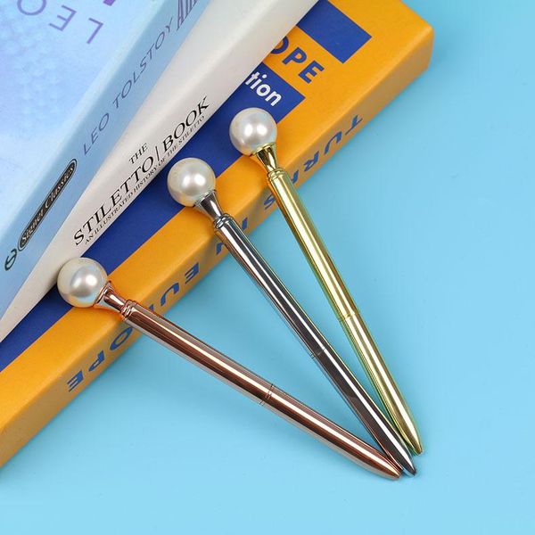 

2pcs kawaii pearl metal ballpoint pen student writing ball pens luxury black ink school office supplies, Blue;orange