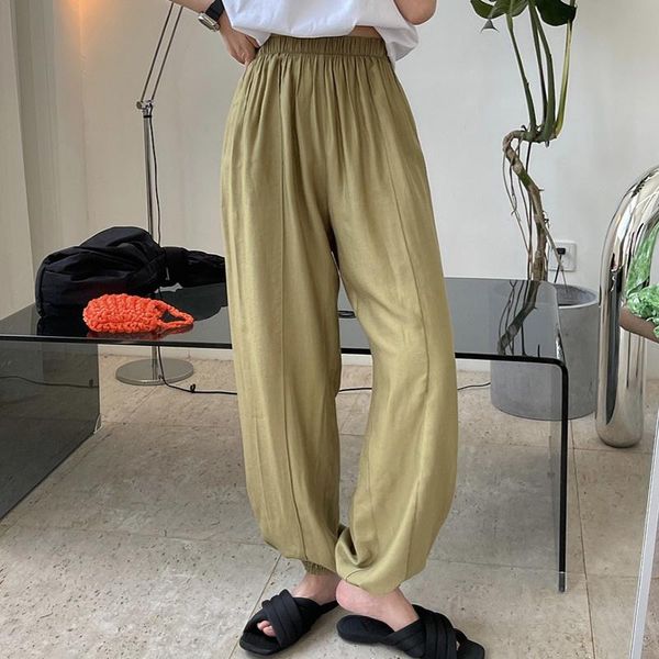 

women's pants & capris women casual harem solid color cotton linen wide leg ankle-length trousers summer elastic waist loose comfortabl, Black;white