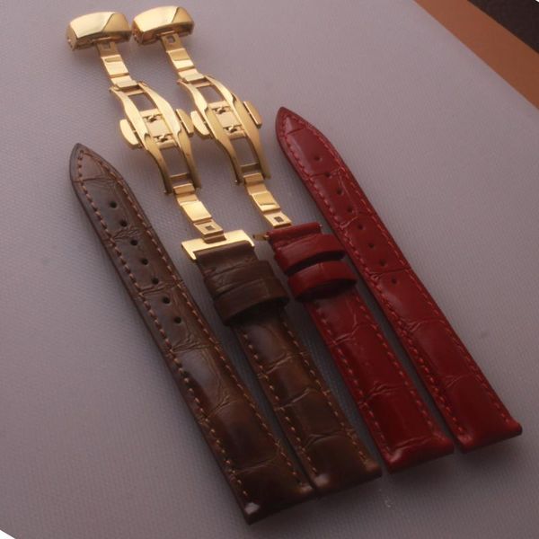 

watch bands quality cow leather watchbands red brown wristband with gold butterfly buckle replacement straps for men and womens, Black;brown