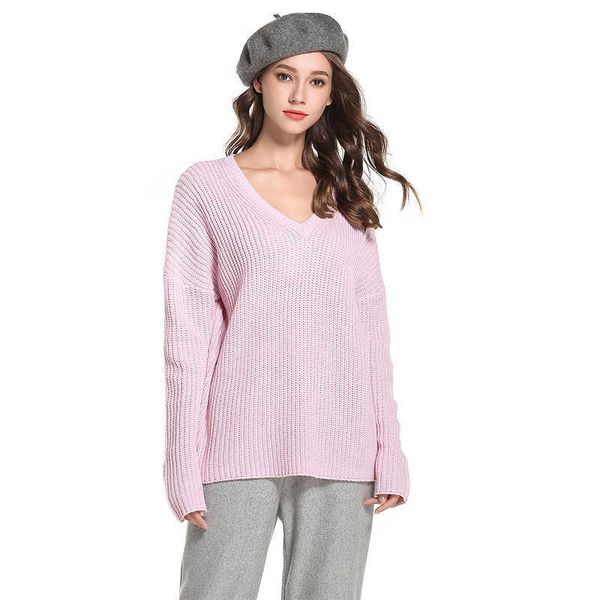

office lady fashion pullovers sweaters women plus size solid color long sleeve v-neck loose casual knitted sweater autumn 210608, White;black